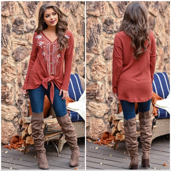 ✨LAST ONE✨Rust Emb. Waffle Knit Tie Front Sweater - Picture 2 of 2